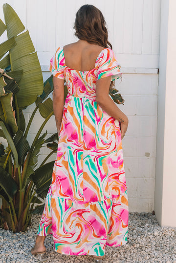 Abstract Print Cap Sleeve Smocked Bust Maxi Dress